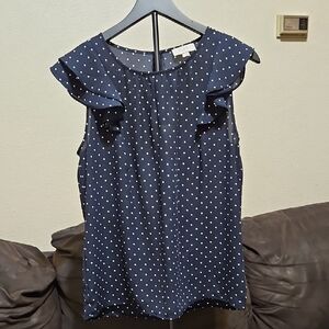 LOFT Navy Polka Dot Ruffle Sleeve Top
